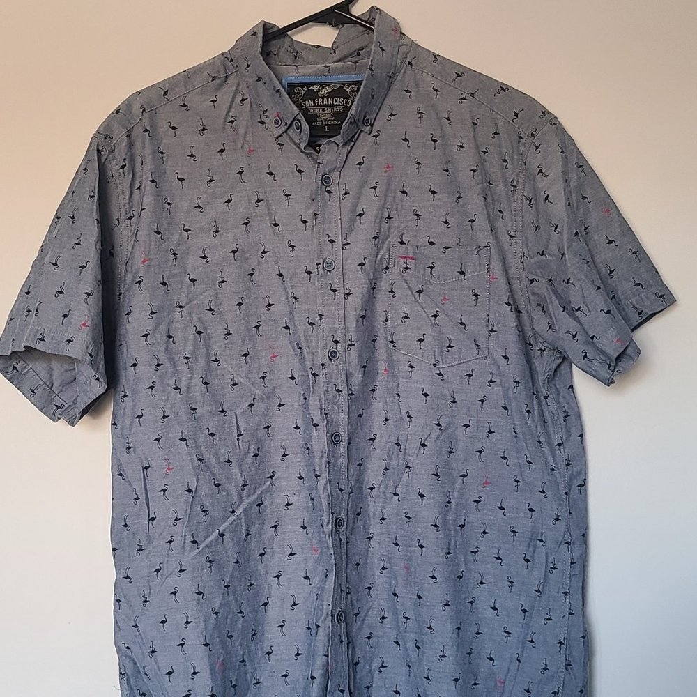 Blue Flamingo button down short sleeve shirt. Modern and comfortable